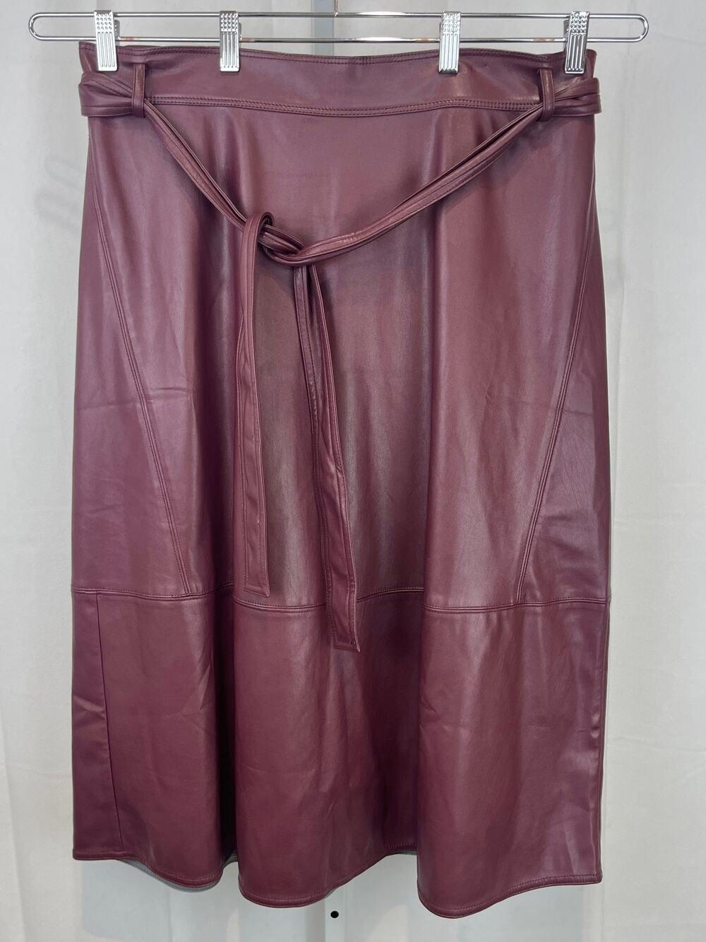 ANN TAYLOR Vegan Leather Midi Skirt Tie Belt Wine Maroon Red Size 14